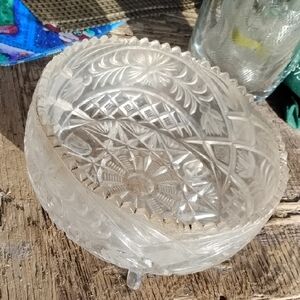 Clear Pressed Glass Footed Bowl with Cut Pattern